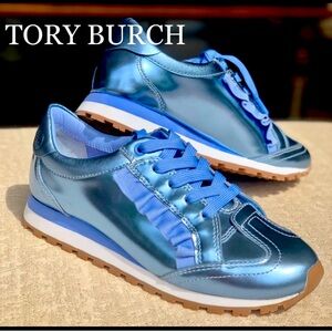 TORY BURCH Tory SPORT  metallic ruffle sneakers blue size 5,5